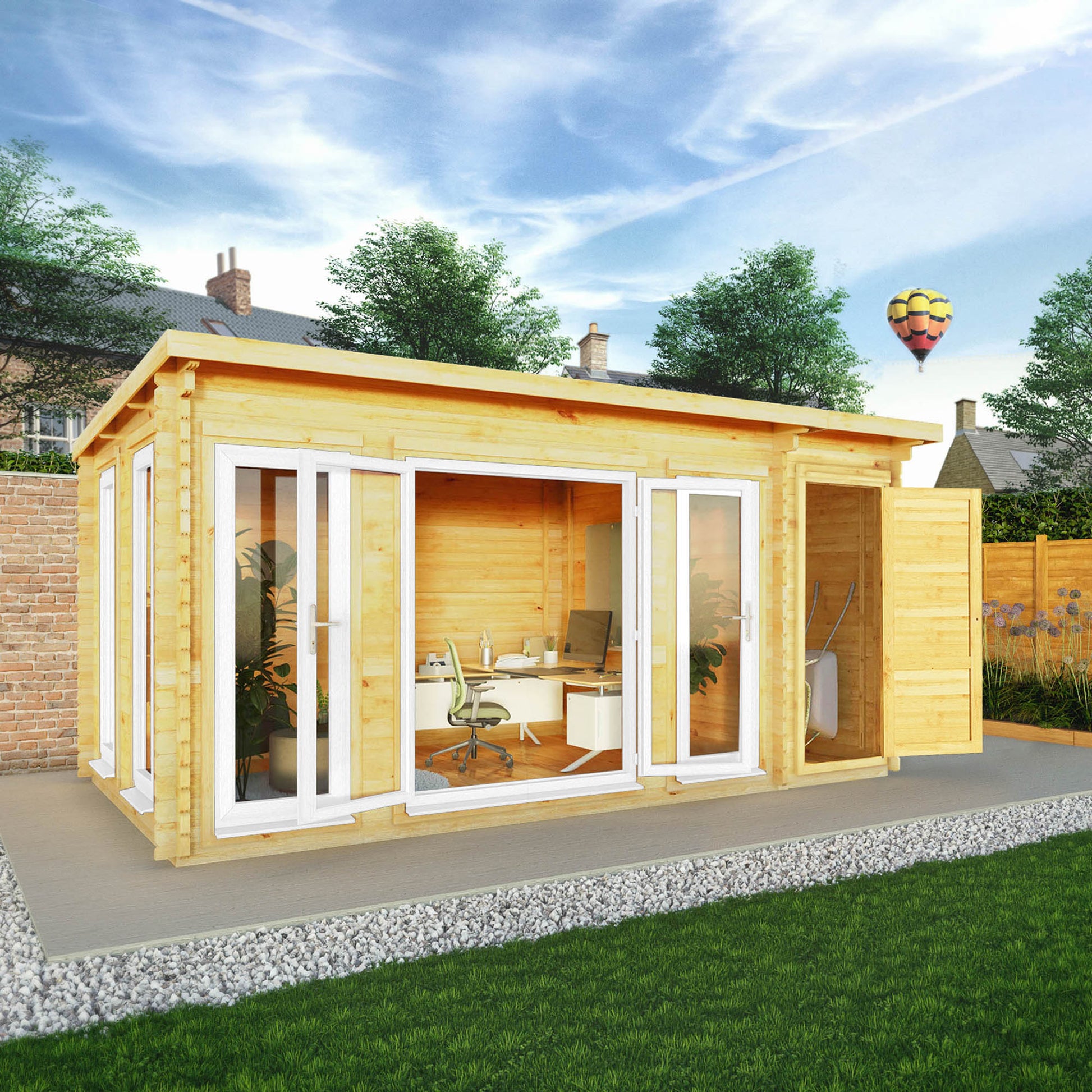 5.1M X 3M Studio Pent Log Cabin With Side Shed - 44Mm  (Upvc Windows & Door) - White