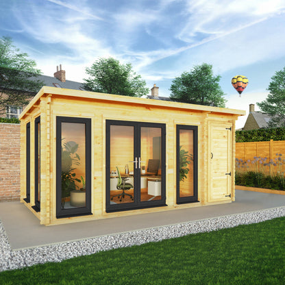 5.1M X 3M Studio Pent Log Cabin With Side Shed - 44Mm  (Upvc Windows & Door) - Grey