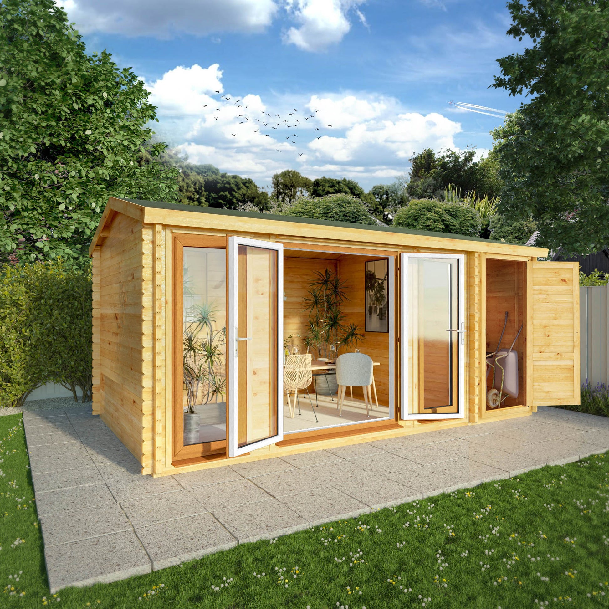 5.1M X 3M Home Office Studio With Side Shed - 44Mm (Upvc Windows & Door) - Oak