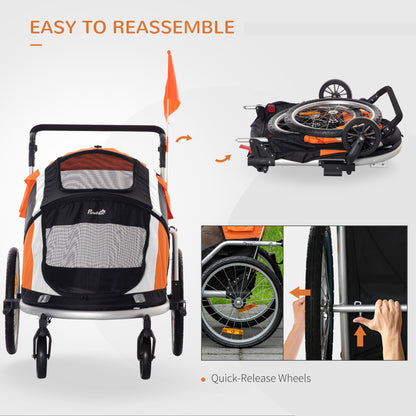 PawHut Dog Bike Trailer 2-in-1 Pet Stroller for Large Dogs Cart Foldable Bicycle Carrier Aluminium Frame with Safety Leash Hitch Coupler Flag Orange