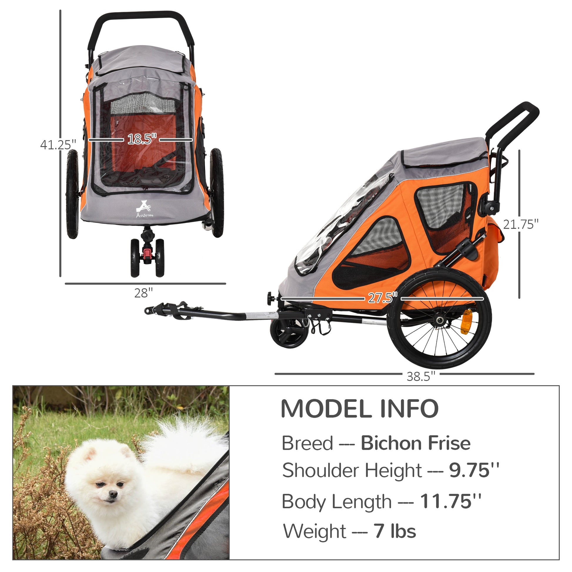 PawHut 2 IN 1 Dog Bicycle Trailer Pet Carrier Stroller 360° Rotatable Front Wheel Reflectors Parking Brake Straps Cup Holder Water Resistant Orange