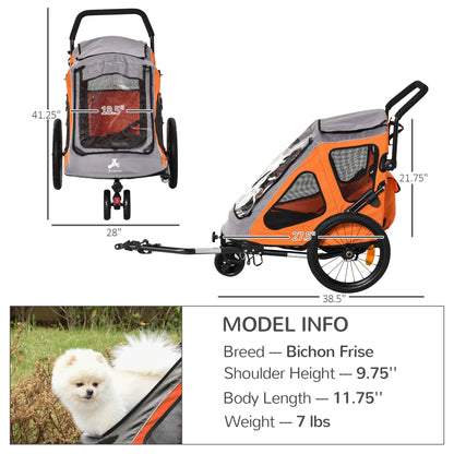 PawHut 2 IN 1 Dog Bicycle Trailer Pet Carrier Stroller 360° Rotatable Front Wheel Reflectors Parking Brake Straps Cup Holder Water Resistant Orange