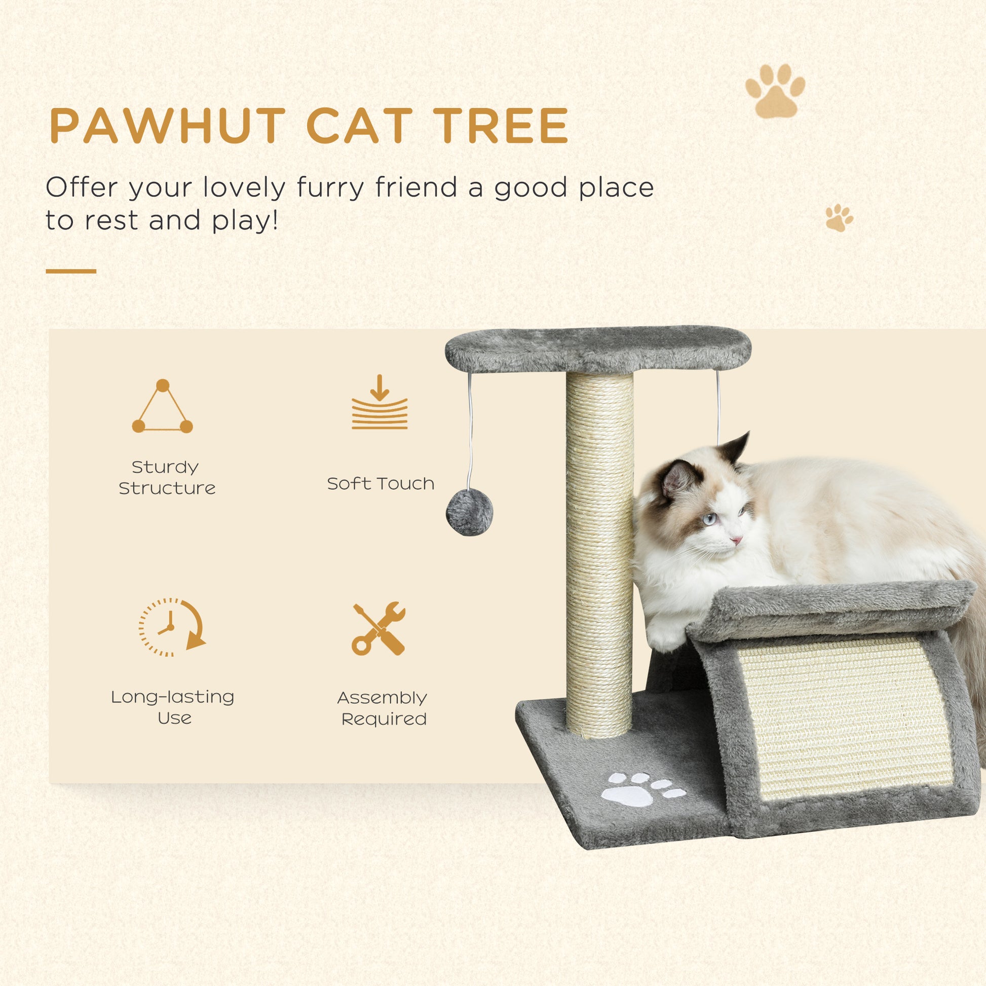 PawHut Cat Tree with Sisal Scratching Post, Cat Tower for Kittens, Small Cat Condo with Rotatable Top Bar, Tunnel, Dangling Balls, Grey