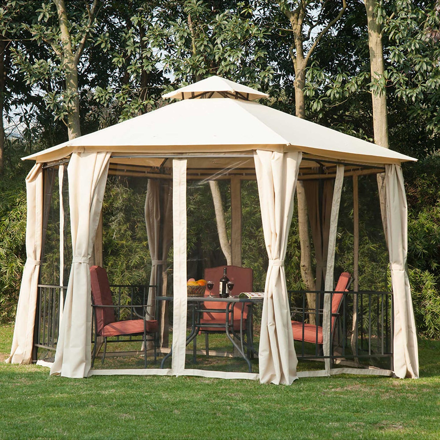 outsunny-hexagon-gazebo-patio-canopy-party-tent-outdoor-garden-shelter-w-2-tier-roof-side-panel-beige