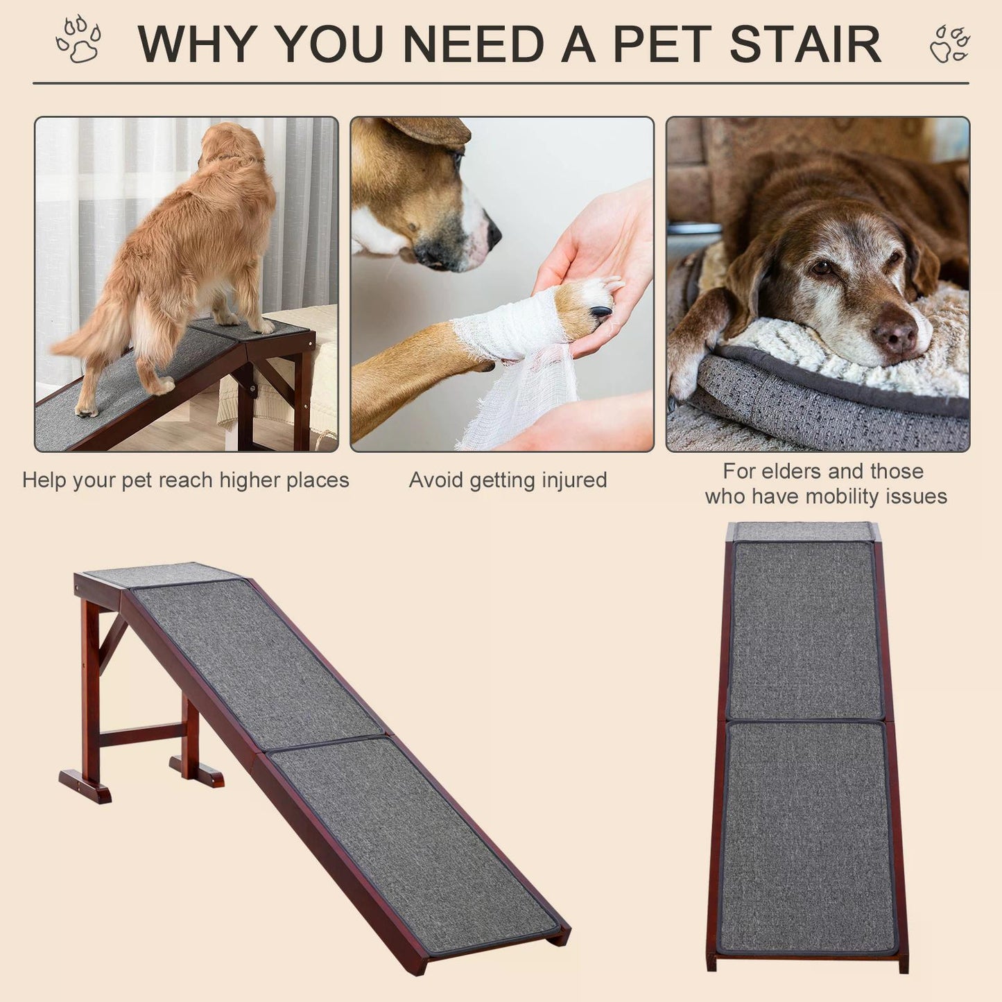 PawHut Pet Ramp for Dogs Non-slip Carpet Top Platform Pine Wood 188 x 40.5 x 63.5, Brown, Grey