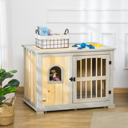 PawHut Wooden Dog Crate, End Table w/ Lockable Door and Window for Small and Medium Dog, Grey and Yellow, 95 x 65.5 x 70.5cm