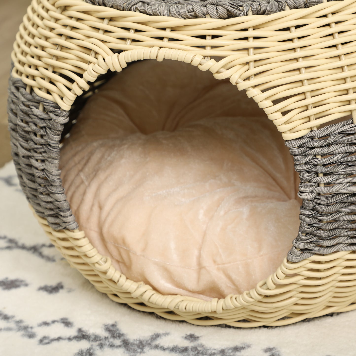 PawHut Wicker Cat House, Rattan Raised Cat Bed, Cosy Kitten Cave with Soft Washable Cushion, ?40 x 30cm