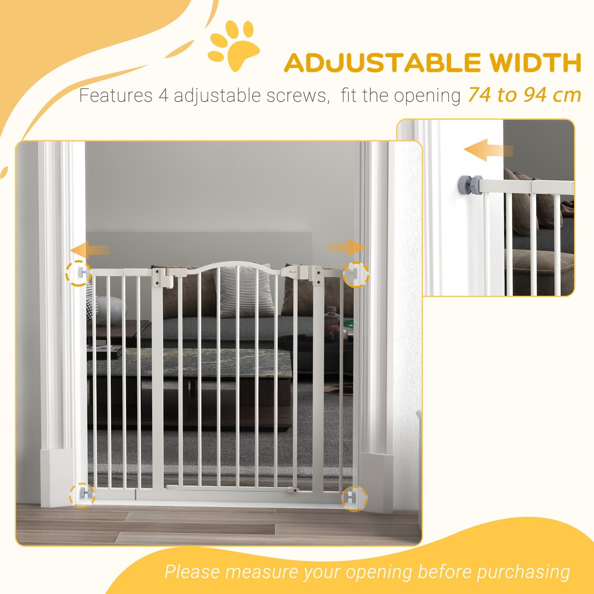 PawHut Metal 74-94cm Adjustable Pet Gate Safety Barrier w/ Auto-Close Door White