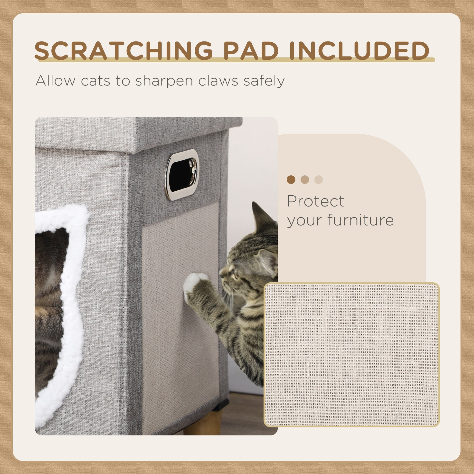 PawHut 2 in 1 Cat Bed Ottoman, Comfortable Cat Sleeping Cave House w/ Removable Cushion, Scratching Pad, Handles, Anti-Slip Foot Pad, Toy Ball Grey