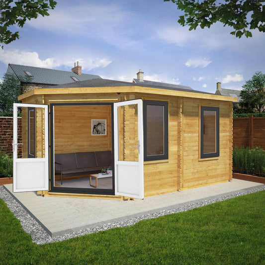 5M X 3M Corner Lodge Log Cabin - 44Mm (Upvc Windows & Door) - Grey