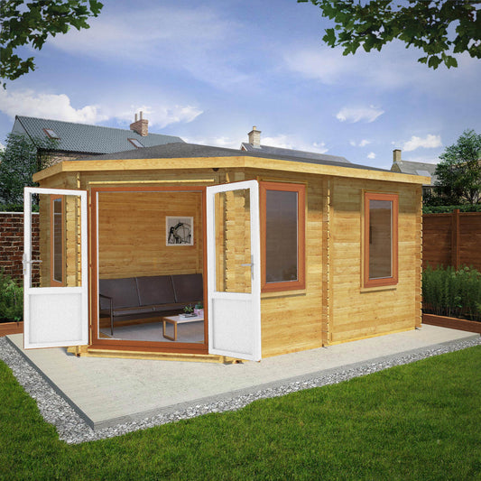 5M X 3M Corner Lodge Log Cabin - 44Mm (Upvc Windows & Door) - Oak