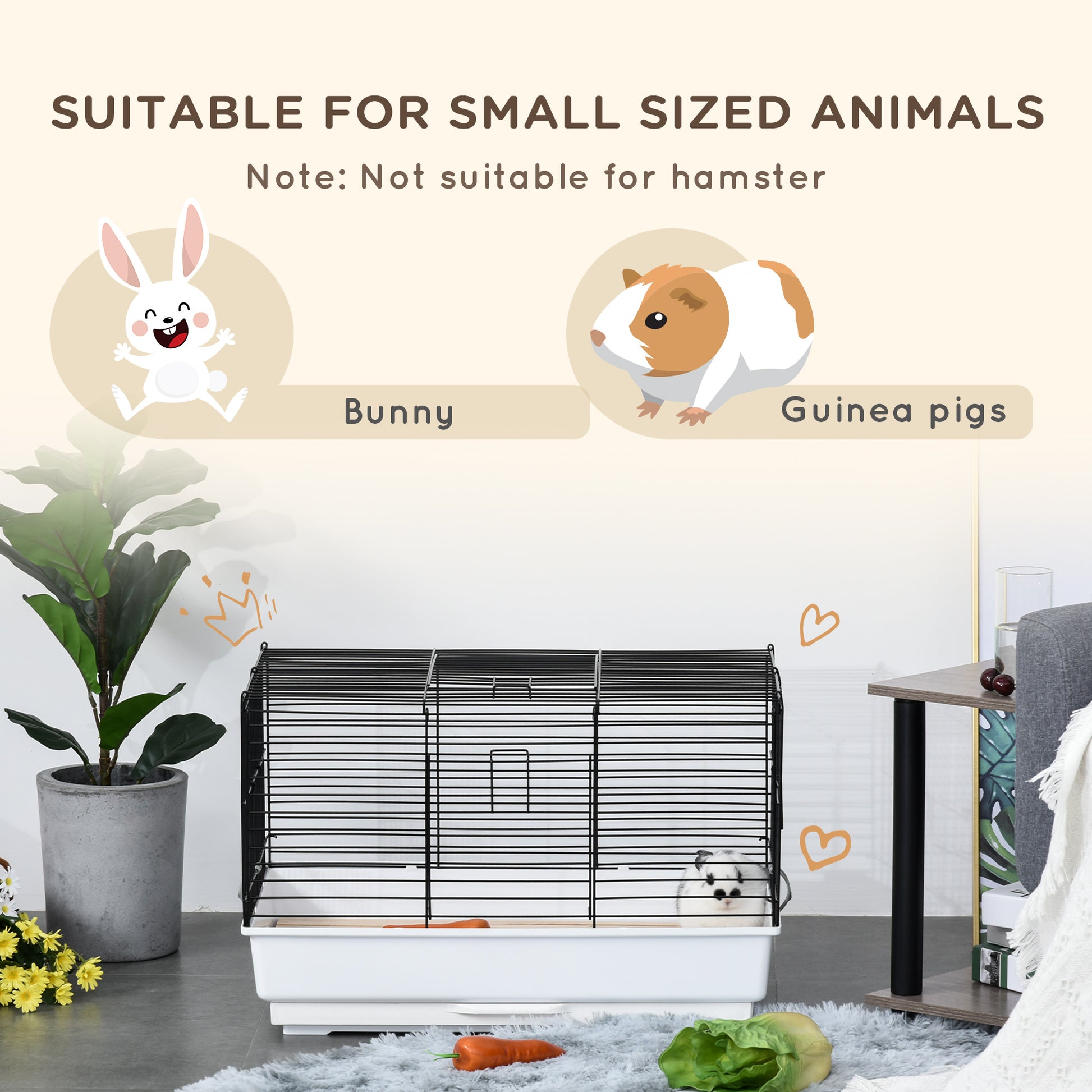 PawHut Indoor Small Animal Cage with Wood Floor, Bunny Guinea Pig House with Removable Tray, 61.5 x 38 x 40 cm, White