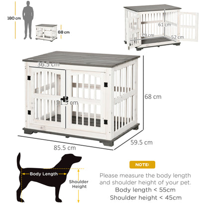 PawHut Wooden Dog Crate Furniture Pet Kennel Cage End Table for Small Medium Dogs, Indoor, White, 85.5 x 59.5 x 68 cm