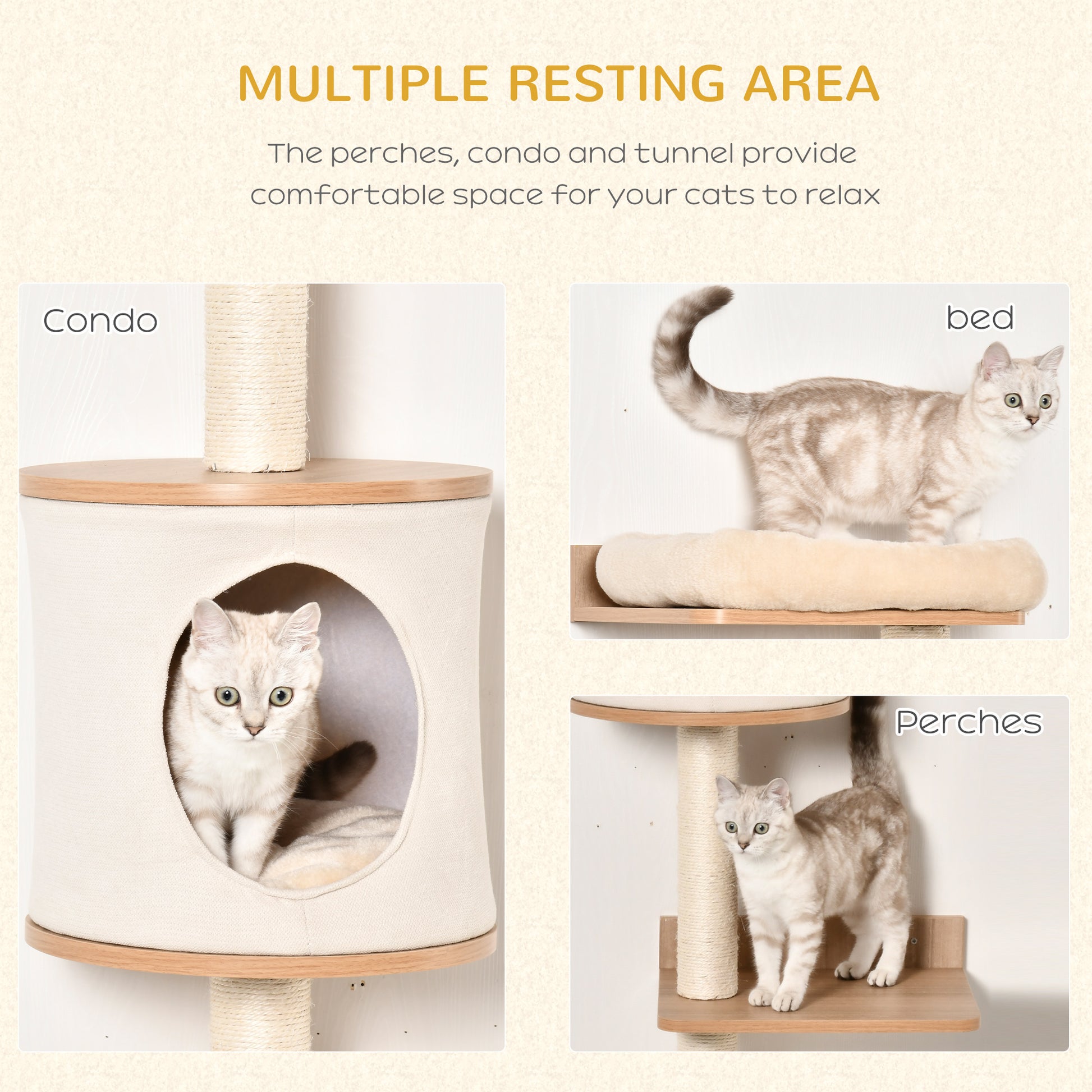 PawHut Cat Tree for Indoor Cats Wall-Mounted Cat Shelf Shelter Kitten Perch Climber Furniture w/ Condo Bed Scratching Post ‚ Beige