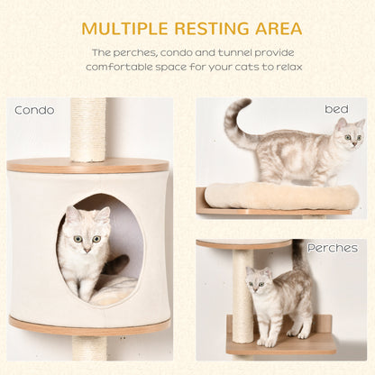 PawHut Cat Tree for Indoor Cats Wall-Mounted Cat Shelf Shelter Kitten Perch Climber Furniture w/ Condo Bed Scratching Post ‚ Beige