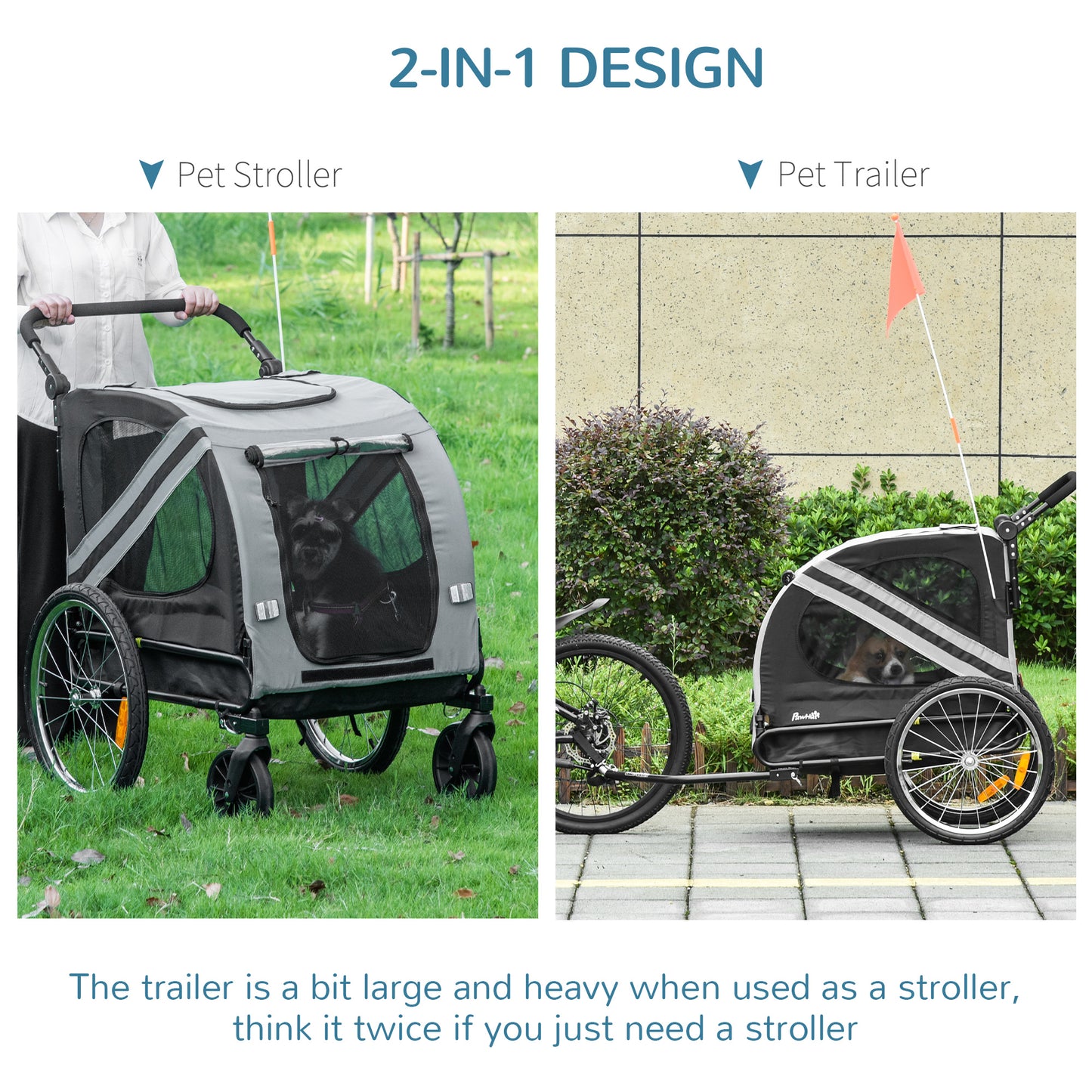 PawHut Dog Bike Trailer 2-in-1 Pet Stroller Cart Bicycle Carrier Attachment for Travel in steel frame with Universal Wheel Reflectors Flag Grey