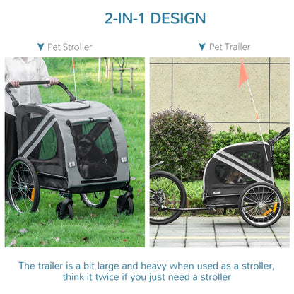 PawHut Dog Bike Trailer 2-in-1 Pet Stroller Cart Bicycle Carrier Attachment for Travel in steel frame with Universal Wheel Reflectors Flag Grey