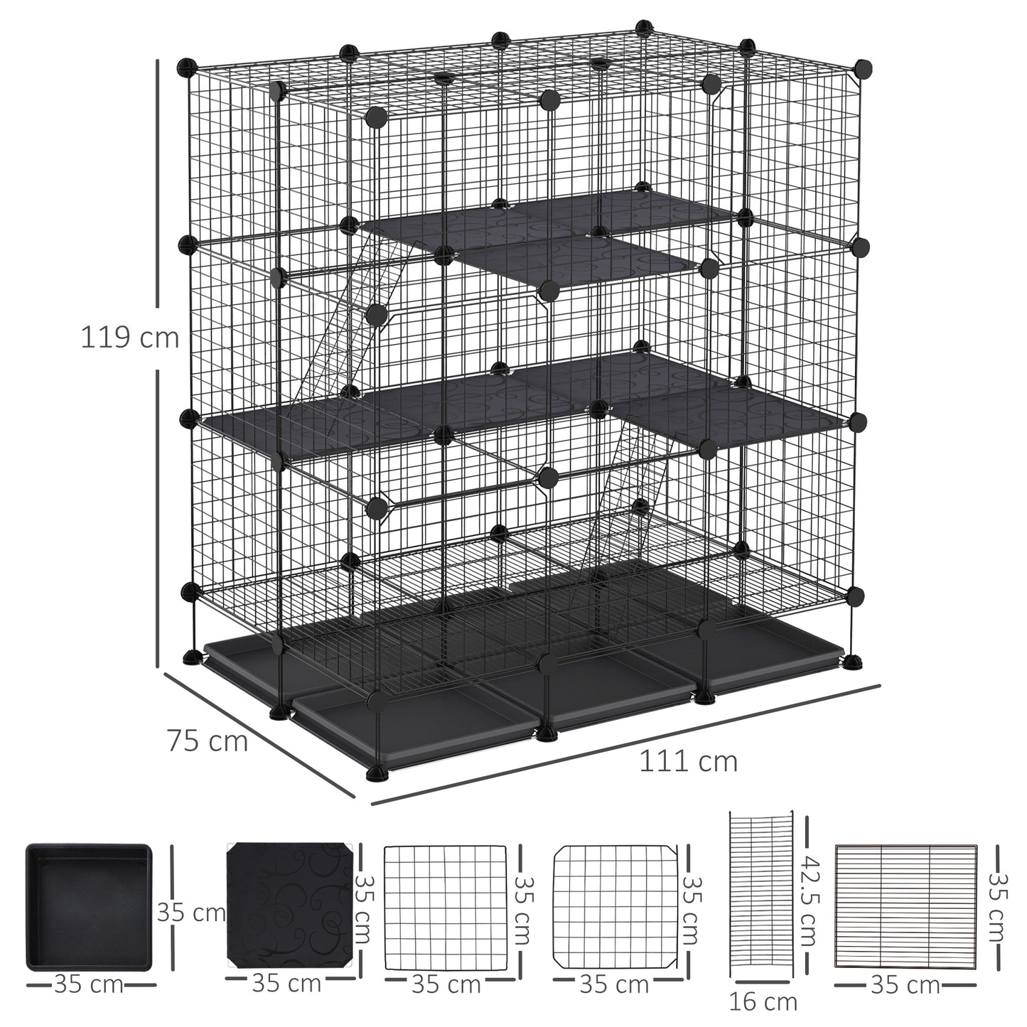 Pawhut 3 Level DIY Pet Playpen Metal Small Animal Cage Guinea Pig Rabbit Ferret Chinchillas Cage 4 Doors Bottom Trays Black