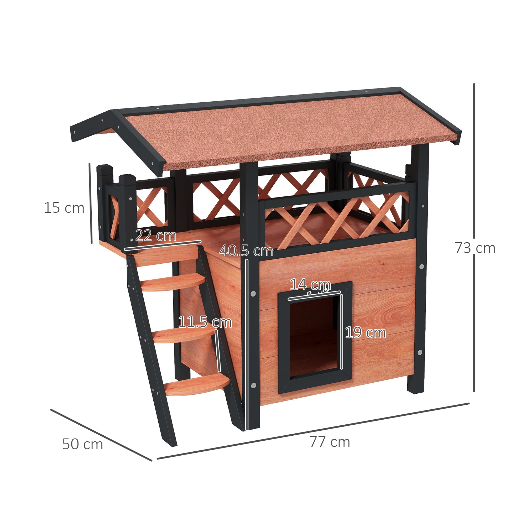 PawHut Cat House Outdoor w/ Balcony Stairs Roof, 77 x 50 x 73 cm, Brown