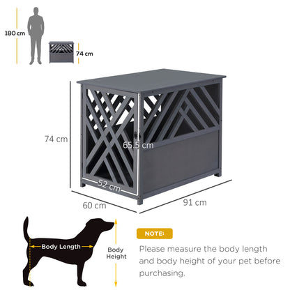 PawHut Furniture Style Wooden Dog Crate Kennel Top End Table Decorative Dog Cage Lattice Night Stand with Lockable Door, 60 x 91 x 74 cm, Grey