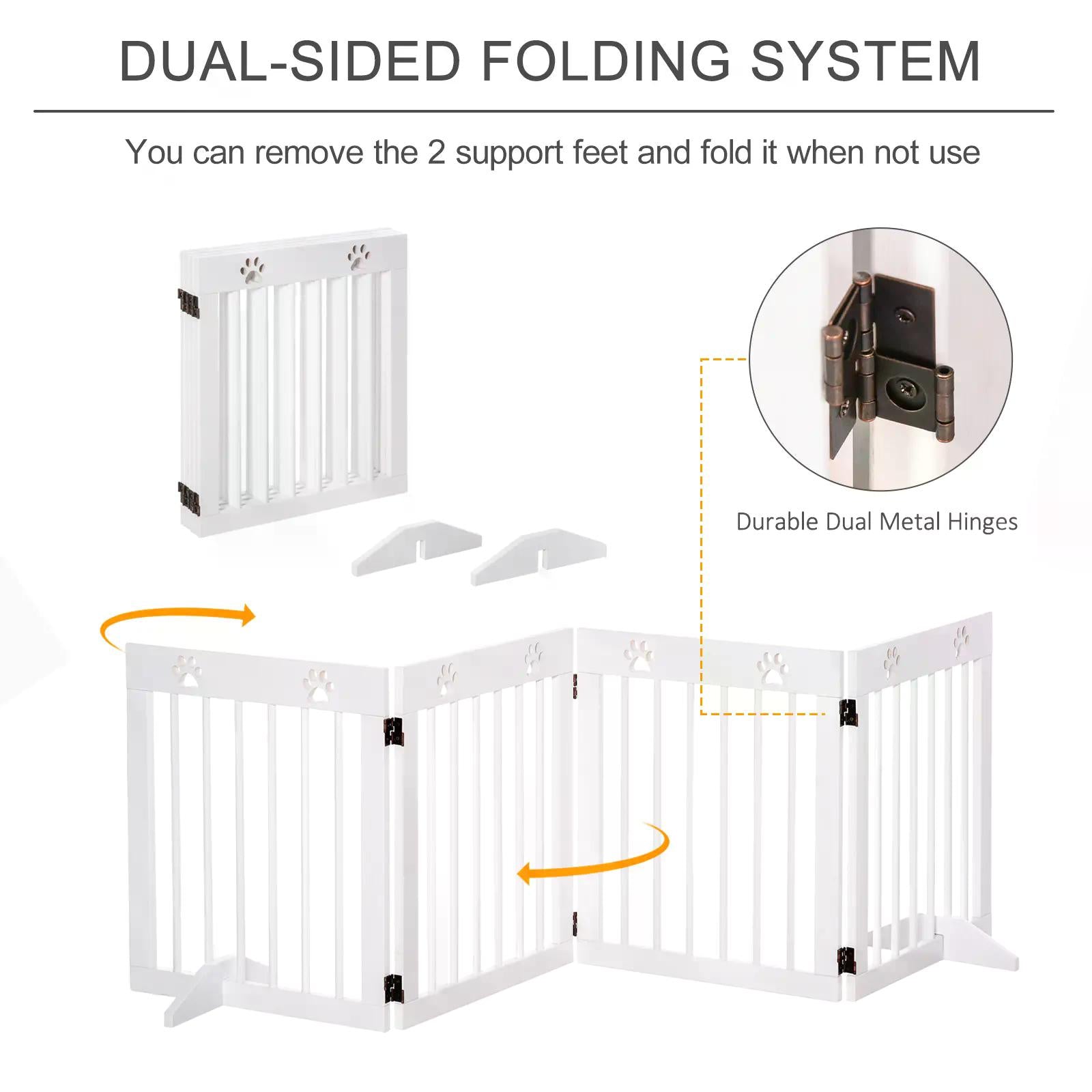 PawHut Pet Gate 4 Panel Folding Wooden Dog Barrier Freestanding Dog Gate For Stairs w/ Support Feet