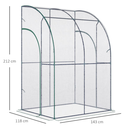 outsunny-walk-in-greenhouse-lean-to-wall-tunnel-greenhouse-with-zippered-roll-up-door-pvc-cover-sloping-top-143-x-118-x-212-cm