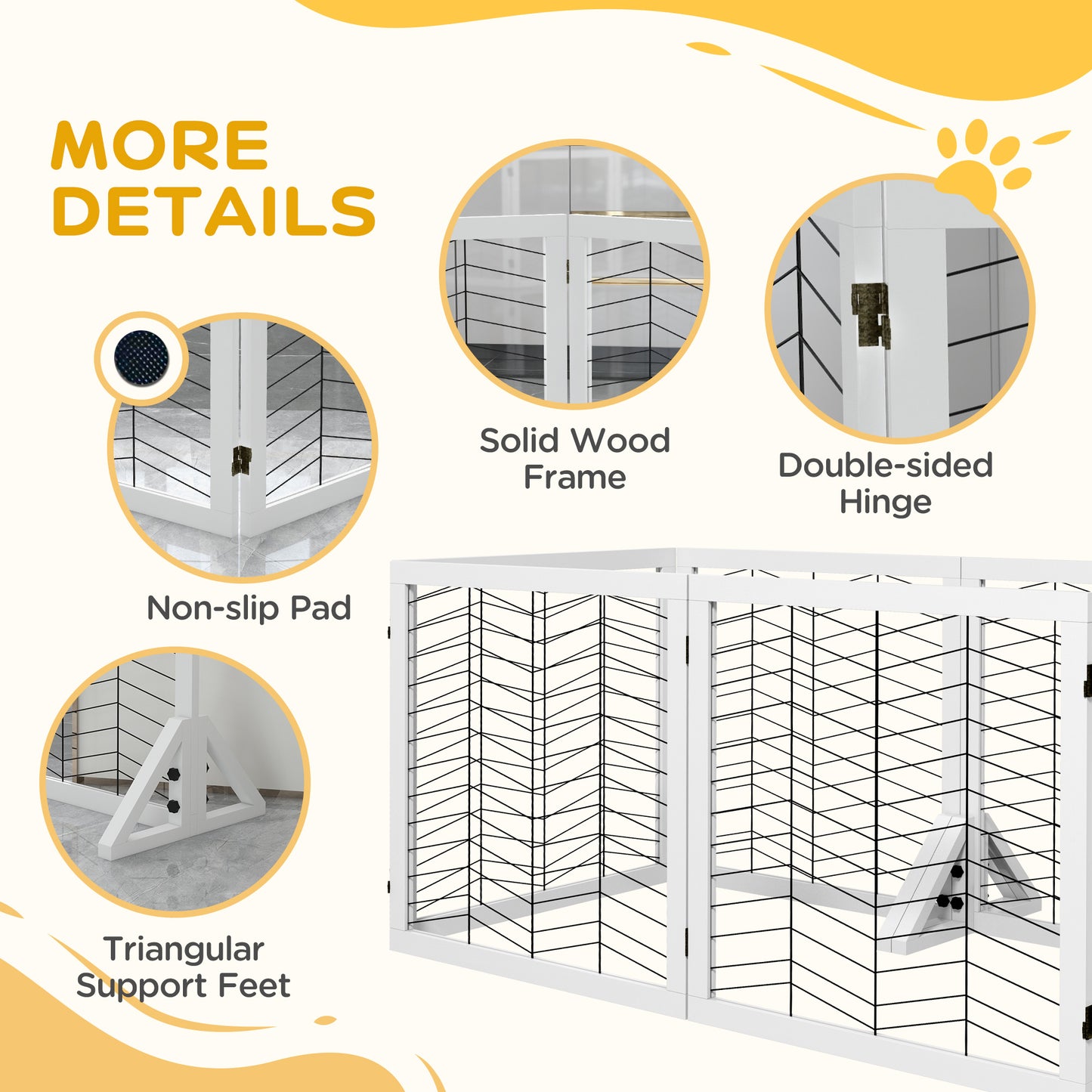 PawHut 6 Panels Pet Gate, Wooden Foldable Dog Barrier w 2PCS Support Feet, for Small Medium Dogs - White