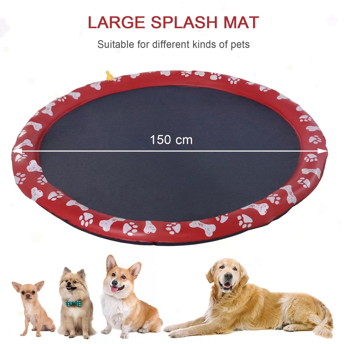 PawHut 150cm Splash Pad Sprinkler for Pets Dog Bath Pool Water Game Mat Toy Non-slip Outdoor Backyard Red