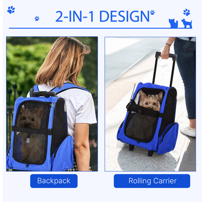 PawHut Pet Carrier Travel Backpack Bag Cat Carrier Puppy Dog Bag w/ Trolley, Telescopic Handle Portable Stroller Wheel, 42 x 25 x 55 cm, Blue