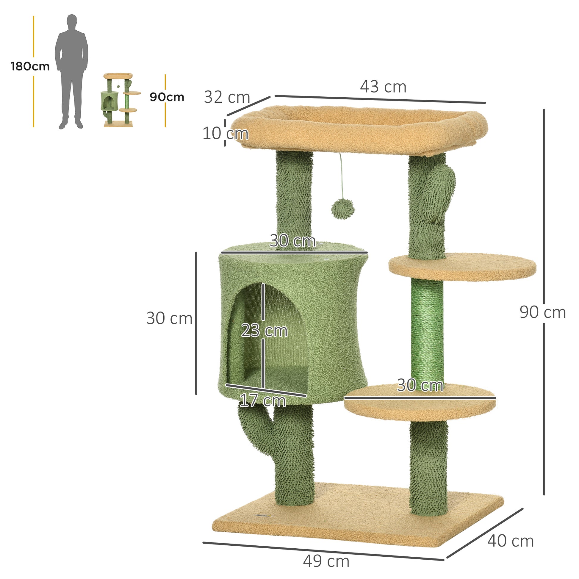 PawHut Cactus Cat Tree, 90cm Cat Climbing Tower, kitten Activity Centre with Teddy Fleece House, Bed, Sisal Scratching Posts and Hanging Ball, Green