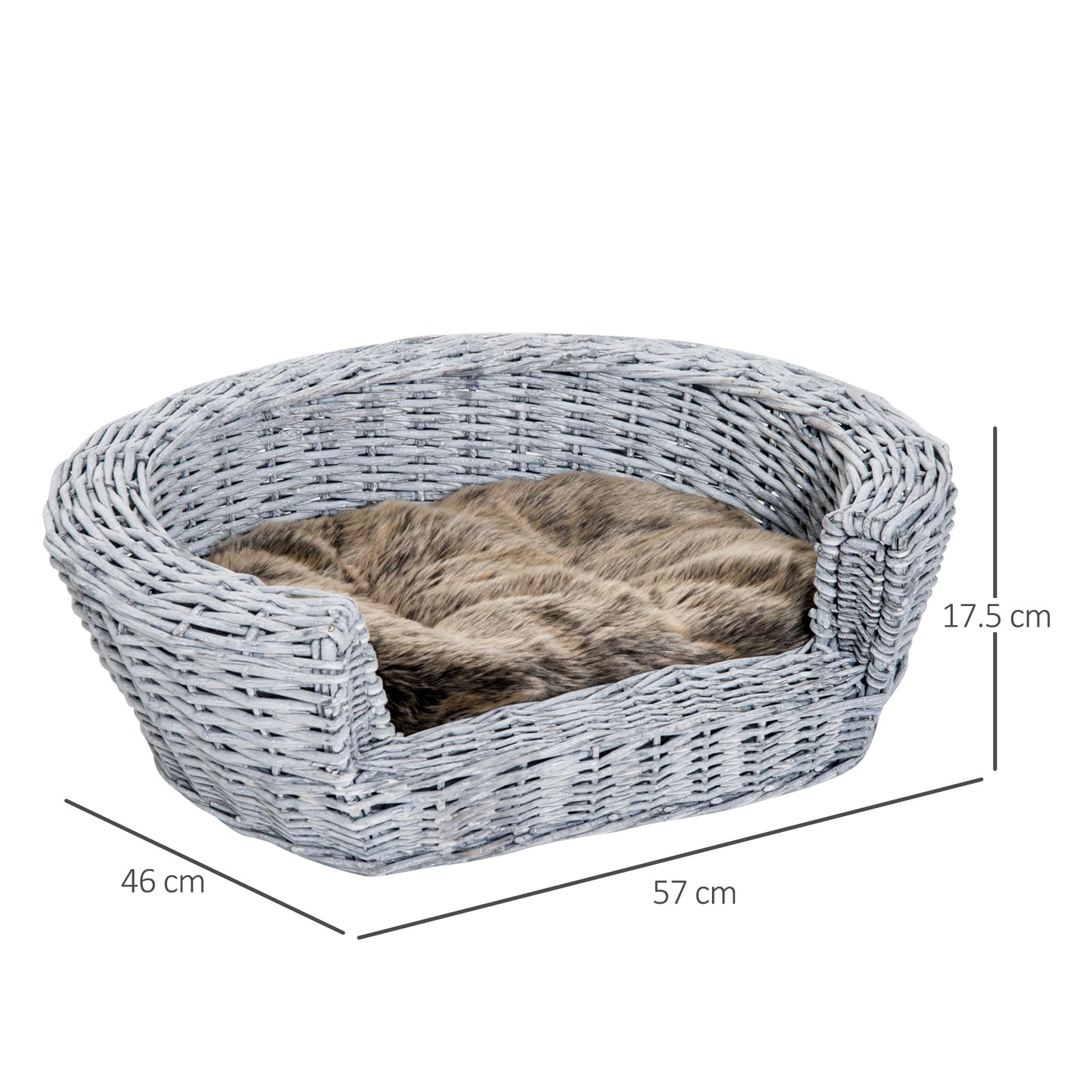 PawHut Pet Basket Sofa Bed, 57Lx46Wx17.5H cm, Willow Rattan-Grey