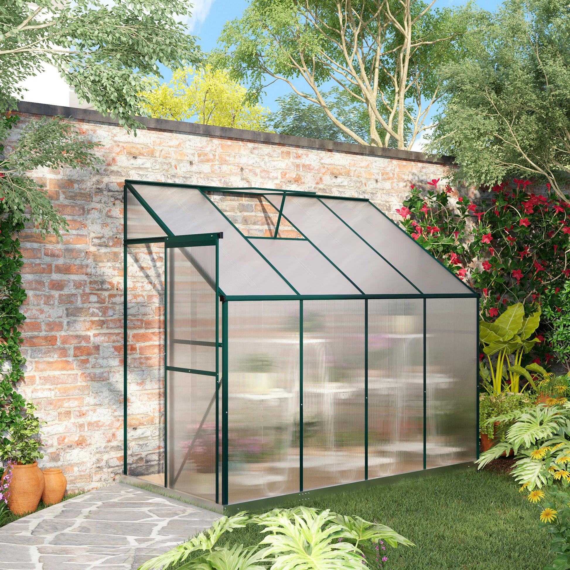 outsunny-walk-in-greenhouse-lean-to-wall-greenhouse-garden-heavy-duty-aluminium-polycarbonate-with-roof-vent-for-plants-253-x-127-x-220-cm