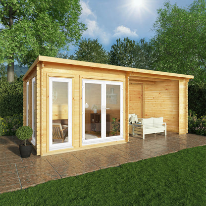 6M X 3M Studio Pent Log Cabin With Patio Area - 44Mm (Upvc Windows & Door) - White