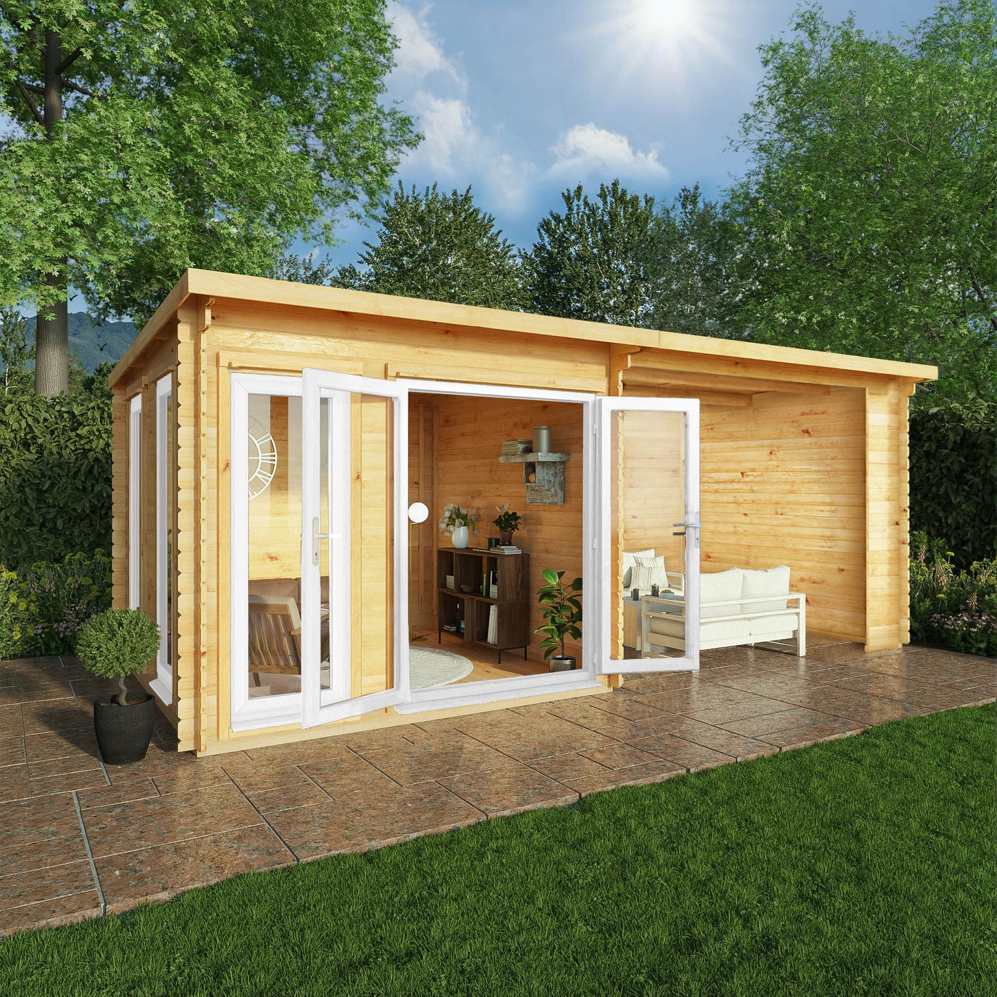 6M X 3M Studio Pent Log Cabin With Patio Area - 44Mm (Upvc Windows & Door) - White