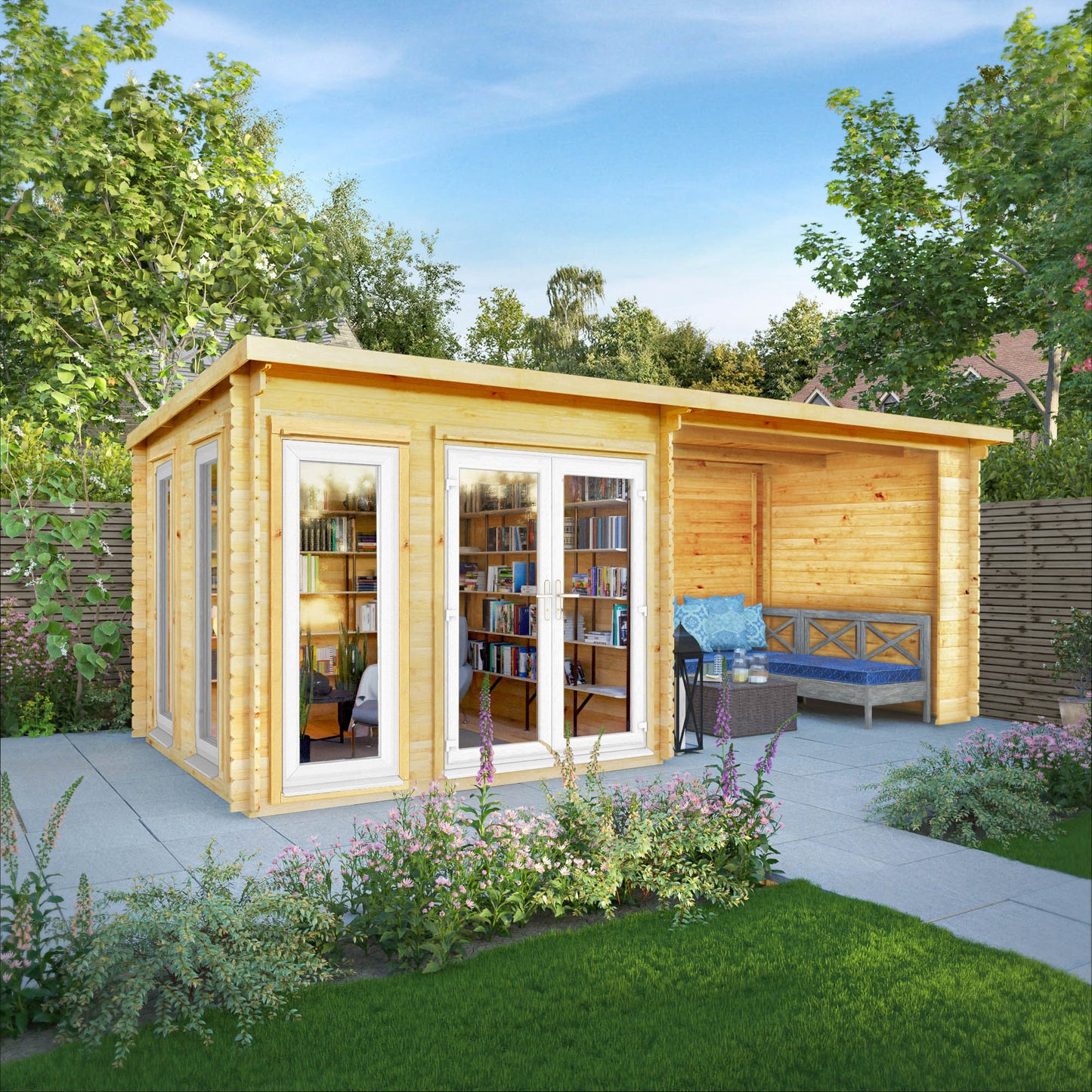 6M X 3M Studio Pent Log Cabin With Patio Area - 44Mm (Upvc Windows & Door) - White