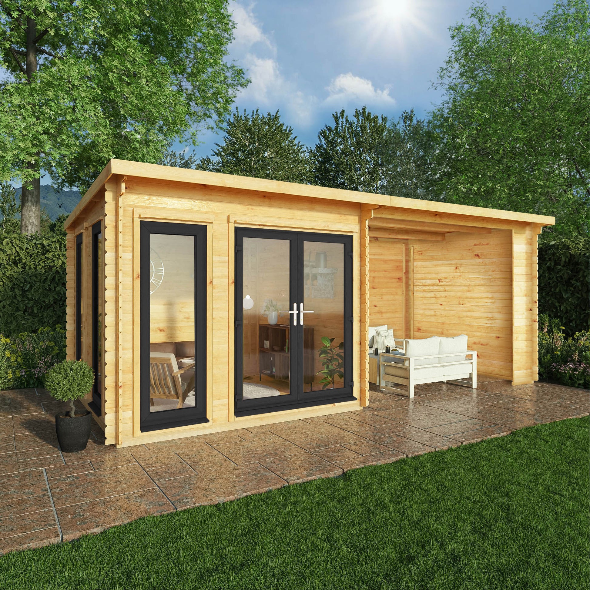 6M X 3M Studio Pent Log Cabin With Patio Area - 44Mm (Upvc Windows & Door) - Grey