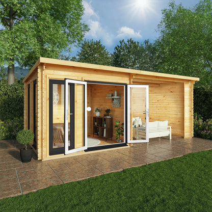 6M X 3M Studio Pent Log Cabin With Patio Area - 44Mm (Upvc Windows & Door) - Grey