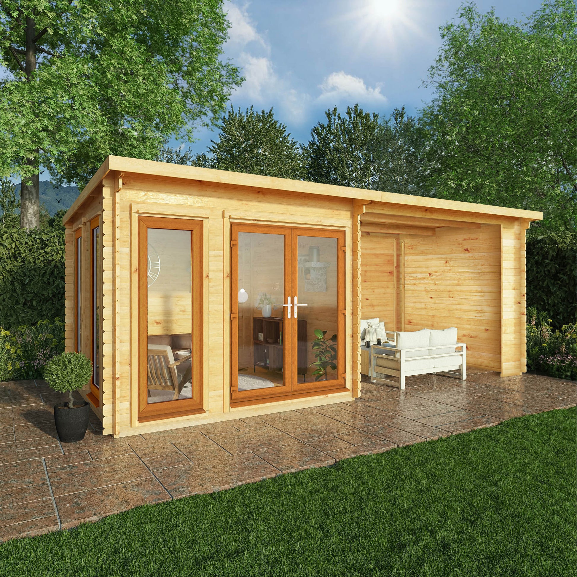 6M X 3M Studio Pent Log Cabin With Patio Area - 44Mm (Upvc Windows & Door) - Oak