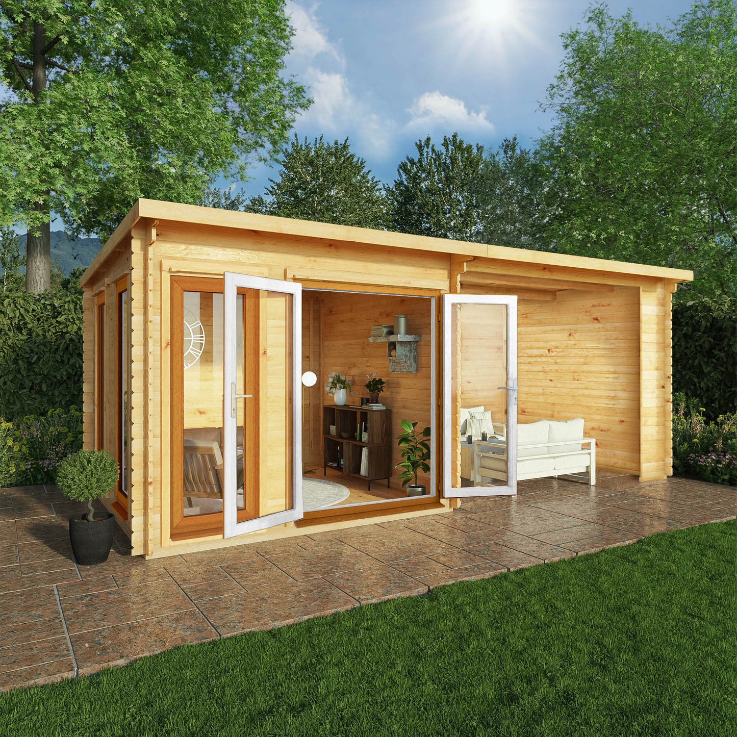 6M X 3M Studio Pent Log Cabin With Patio Area - 44Mm (Upvc Windows & Door) - Oak