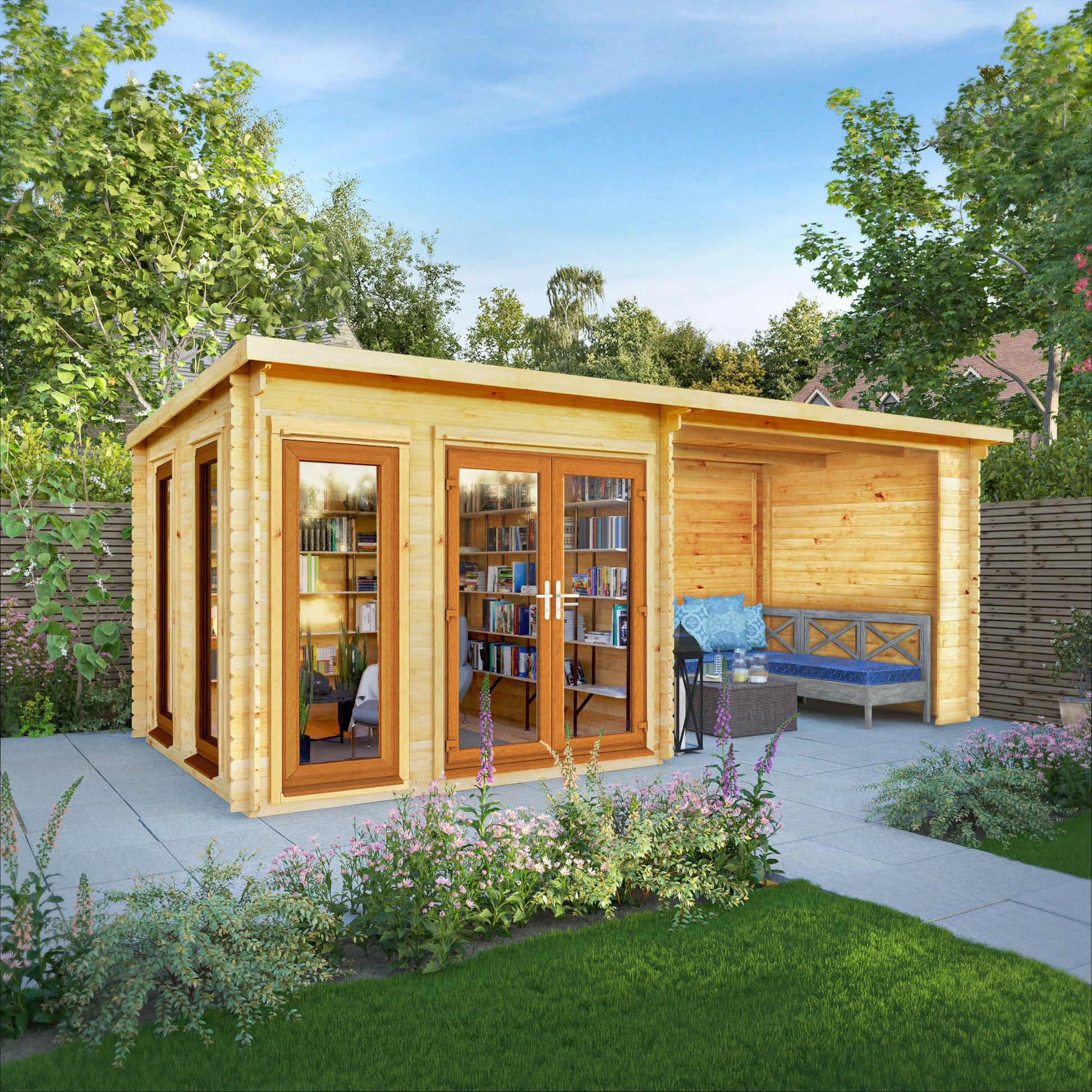 6M X 3M Studio Pent Log Cabin With Patio Area - 44Mm (Upvc Windows & Door) - Oak