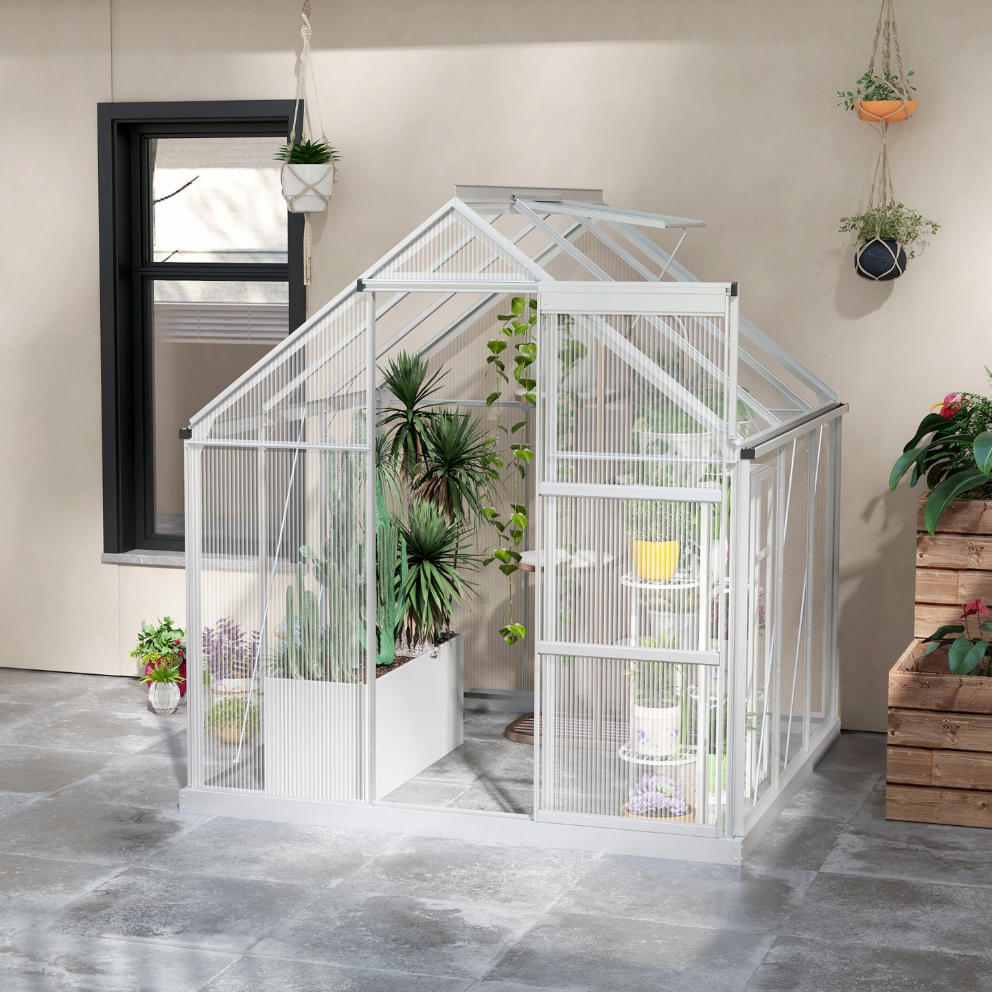 outsunny-6-x-6ft-walk-in-greenhouse-polycarbonate-greenhouse-with-sliding-door-window-aluminium-frame-foundation-silver