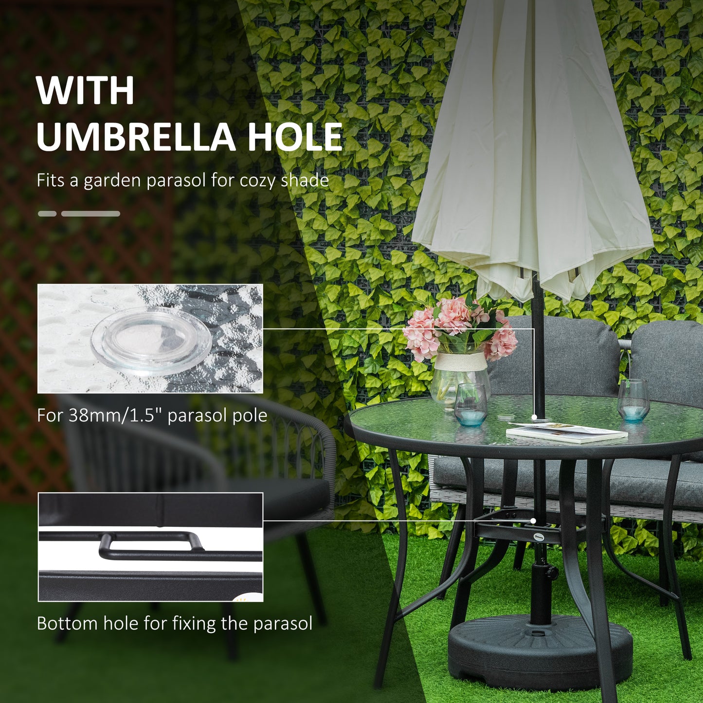 outsunny-106cm-round-garden-dining-table-with-parasol-hole-tempered-glass-top-steel-frame