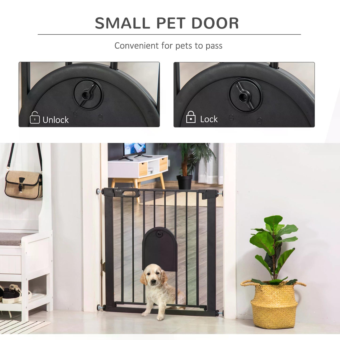 PawHut 75-82 cm Pet Safety Gate Barrier, Stair Pressure Fit, w/ Small Door, Auto Close, Double Locking, for Doorways, Hallways, Black