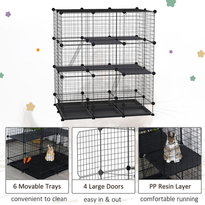 Pawhut 3 Level DIY Pet Playpen Metal Small Animal Cage Guinea Pig Rabbit Ferret Chinchillas Cage 4 Doors Bottom Trays Black