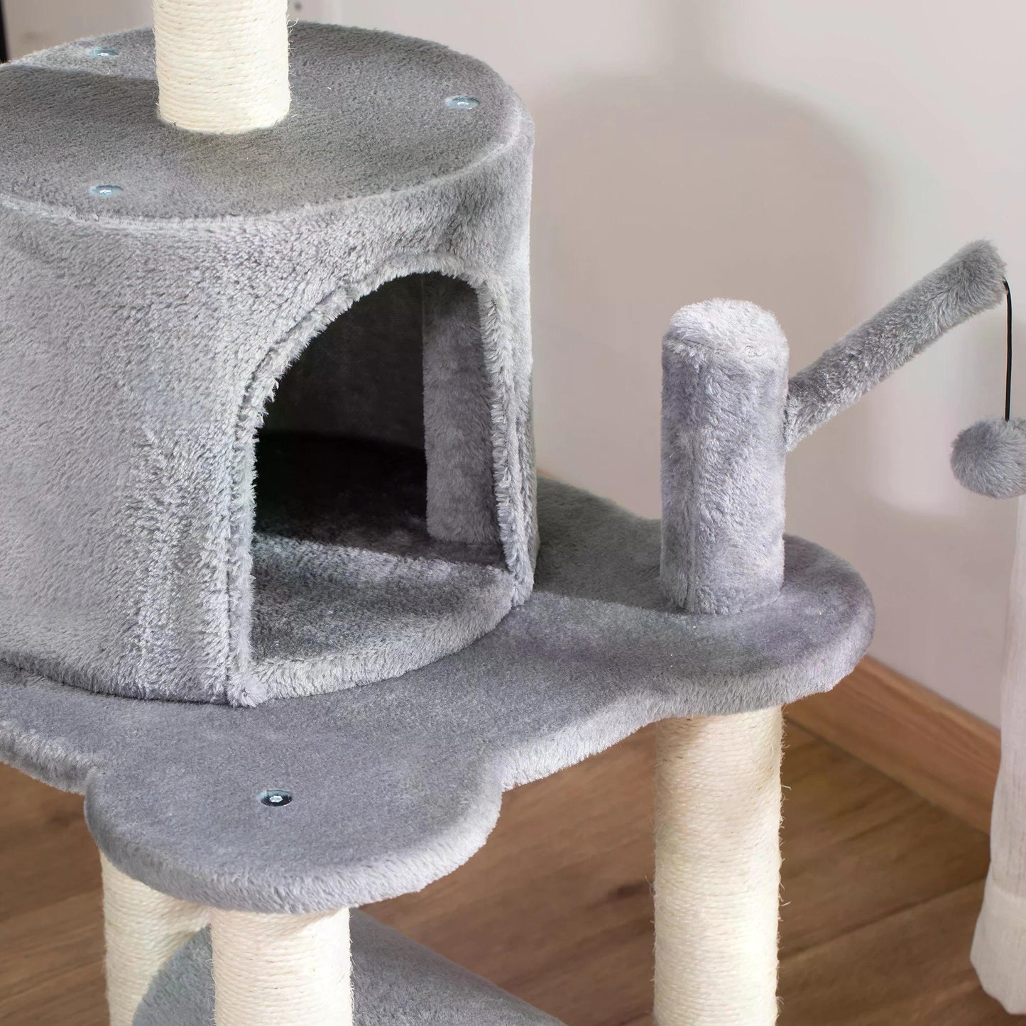 PawHut Cat Tree Tower Climbing Activity Center Kitten Furniture with Jute Scratching Post Bed Tunnel Perch Hanging Balls Grey