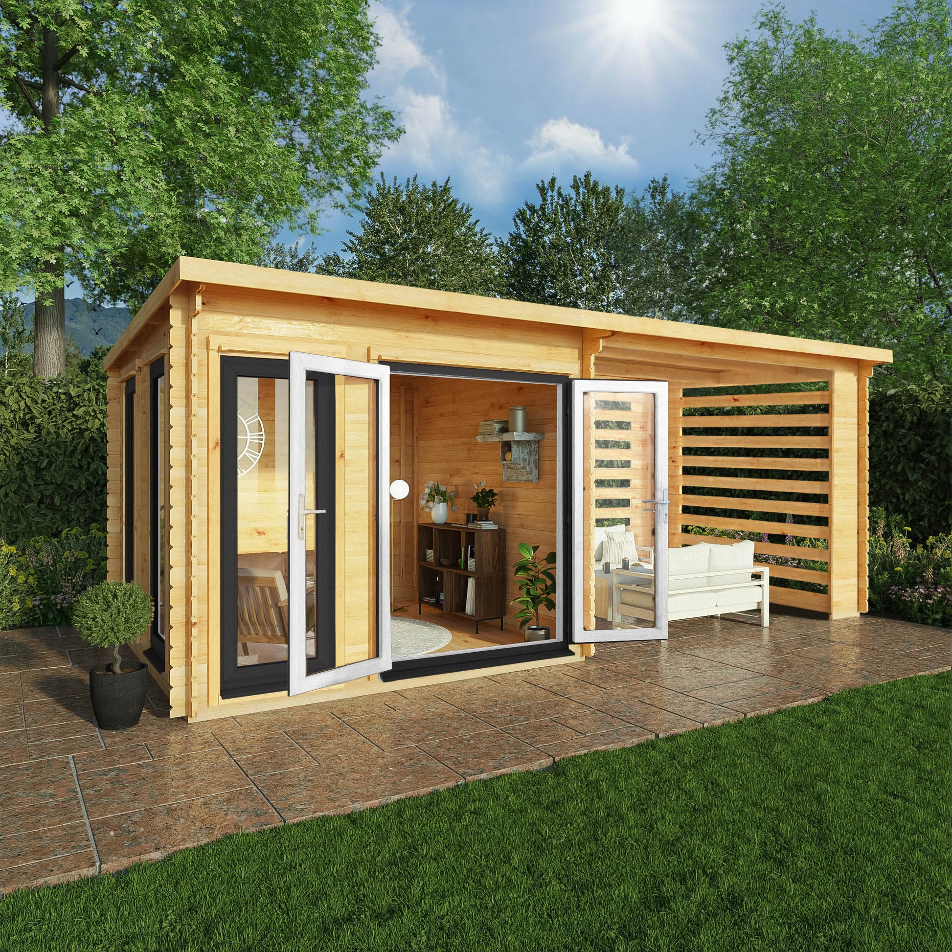 6M X 3M Studio Pent Log Cabin With Slatted Area - 44Mm (Upvc Windows & Door) - Grey