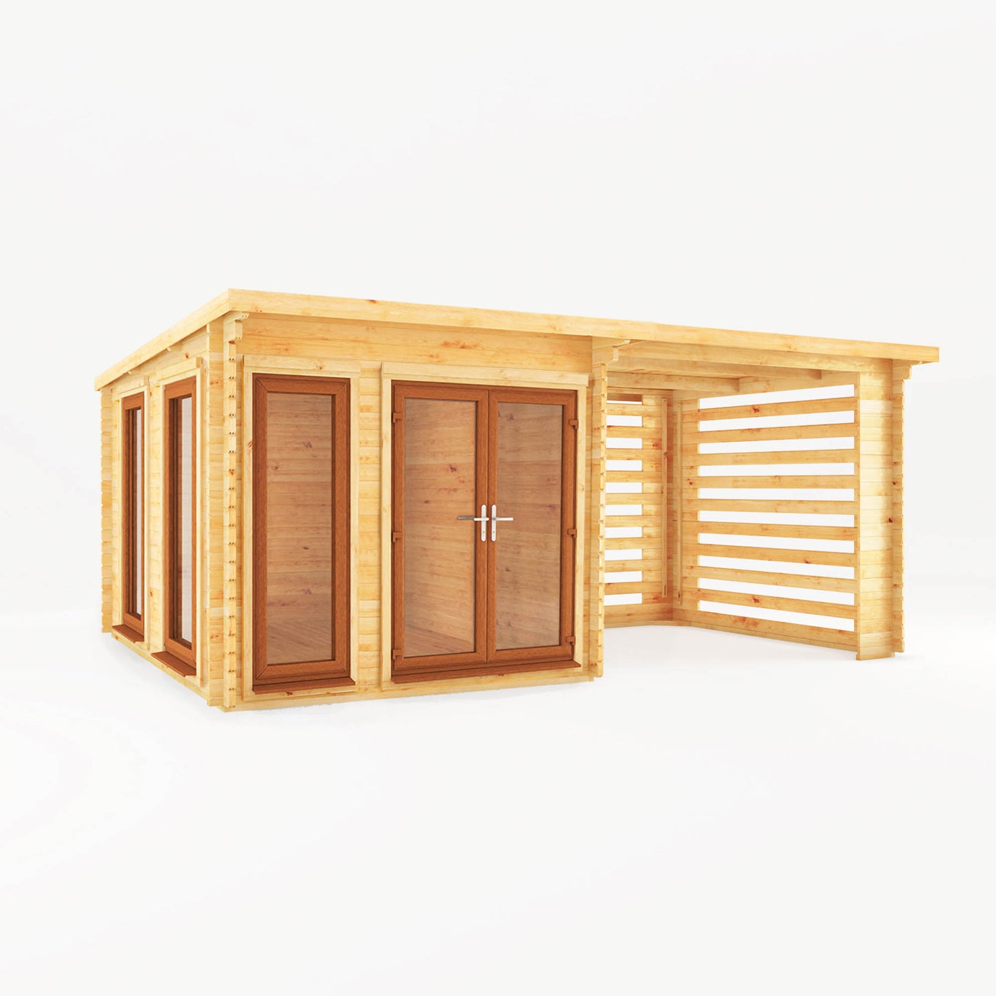 6M X 3M Studio Pent Log Cabin With Slatted Area - 44Mm (Upvc Windows & Door) - Oak