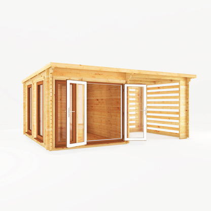 6M X 3M Studio Pent Log Cabin With Slatted Area - 44Mm (Upvc Windows & Door) - Oak