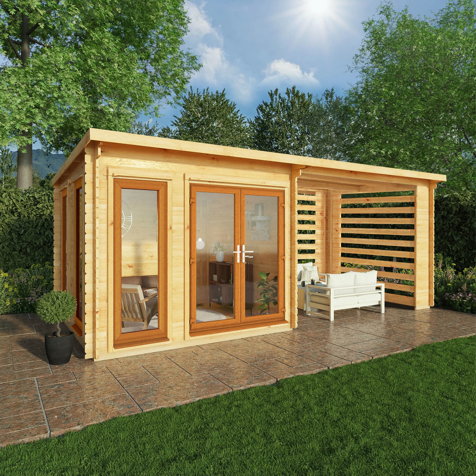 6M X 3M Studio Pent Log Cabin With Slatted Area - 44Mm (Upvc Windows & Door) - Oak