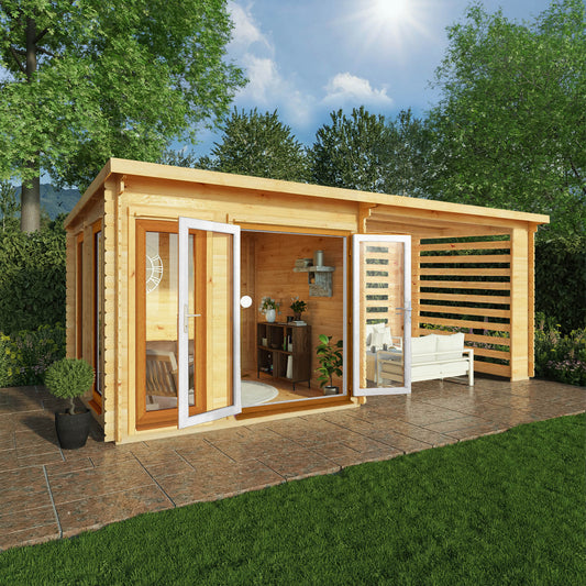 6M X 3M Studio Pent Log Cabin With Slatted Area - 44Mm (Upvc Windows & Door) - Oak